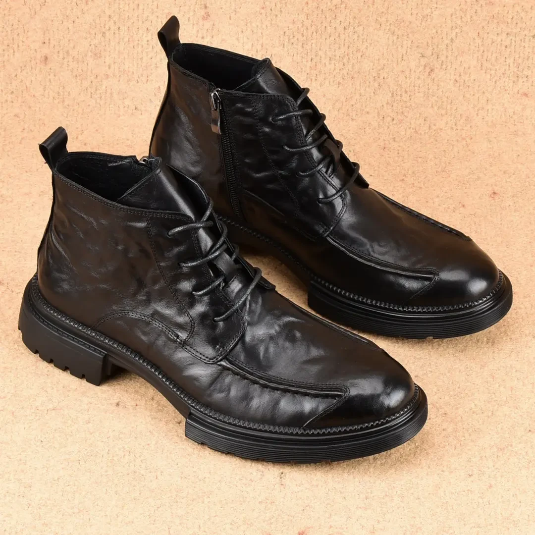 2024男士皮靴秋冬真皮高帮拉链款马丁靴厚底圆头商务工装靴男靴子