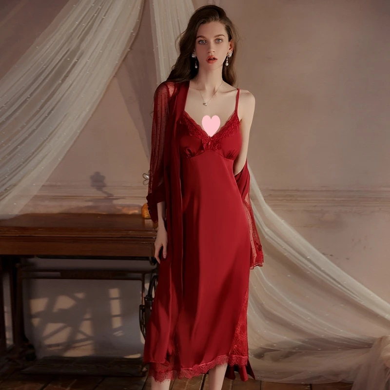 丝滑缎面拼纱性感加胸垫吊带睡裙外袍家居服套装