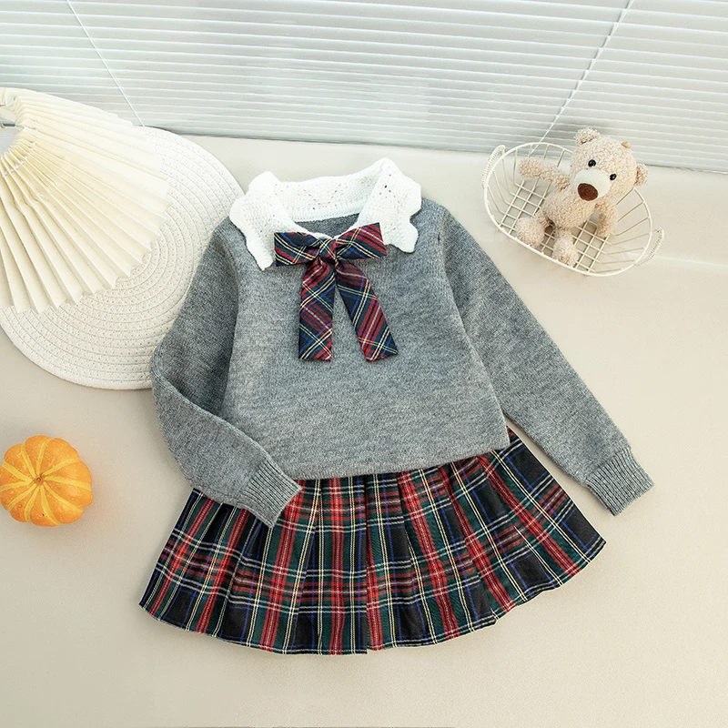 女童春秋季学院风jk裙子新款套装蝴蝶结网红英伦风时尚百搭针织衫