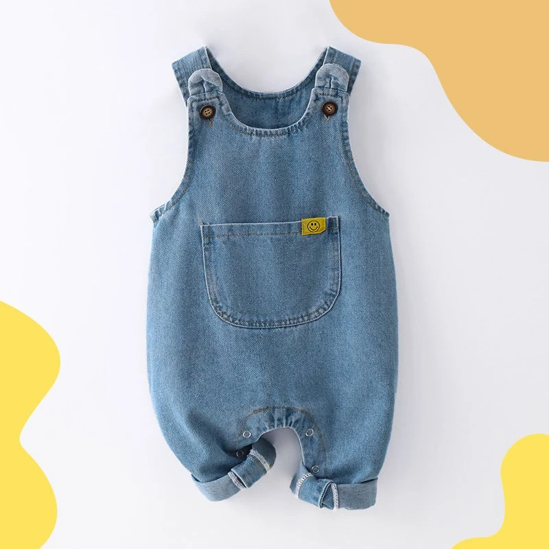 婴儿牛仔背带裤春秋一岁按扣可开档男幼童连体裤女宝宝大pp裤