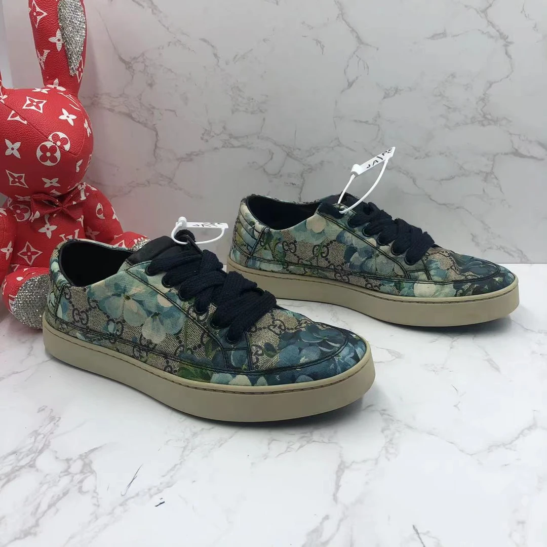 【二奢特惠】古驰/GUCCI 40.5/41欧码时尚蓝色花卉系带低帮舒适板鞋