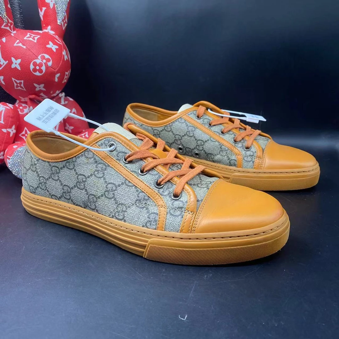 【AO福利】古驰/GUCCI 41欧码 时尚百搭黄色棕老花拼接低帮板鞋