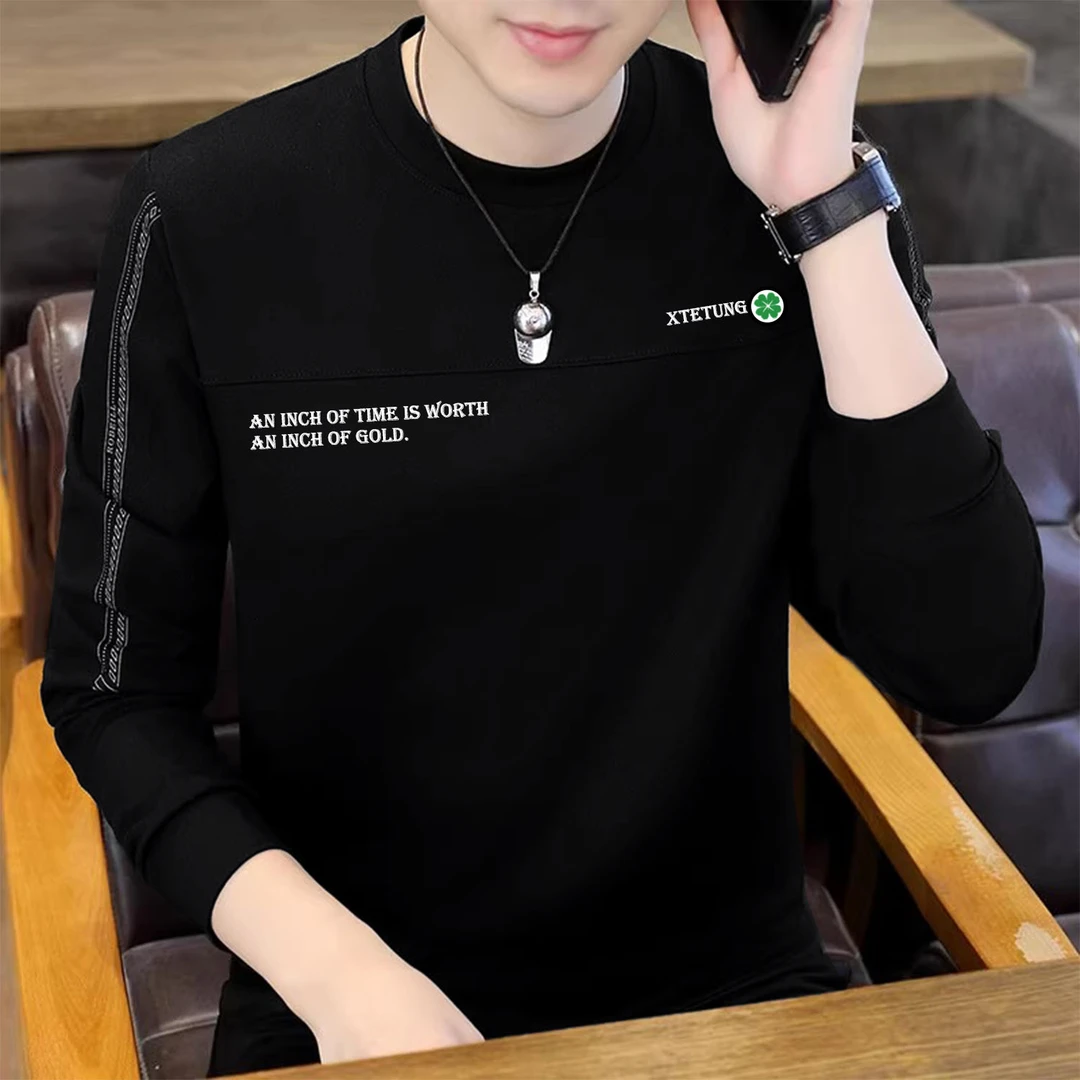 长袖圆领薄款卫衣2024春秋季男士宽松百搭休闲T恤秋冬印花打底衫