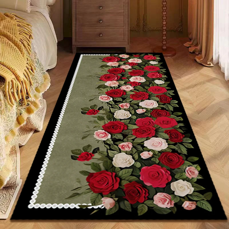 复古缤纷玫瑰床边澳德绒加厚脚垫床尾毛绒防滑地垫长条地毯卧室