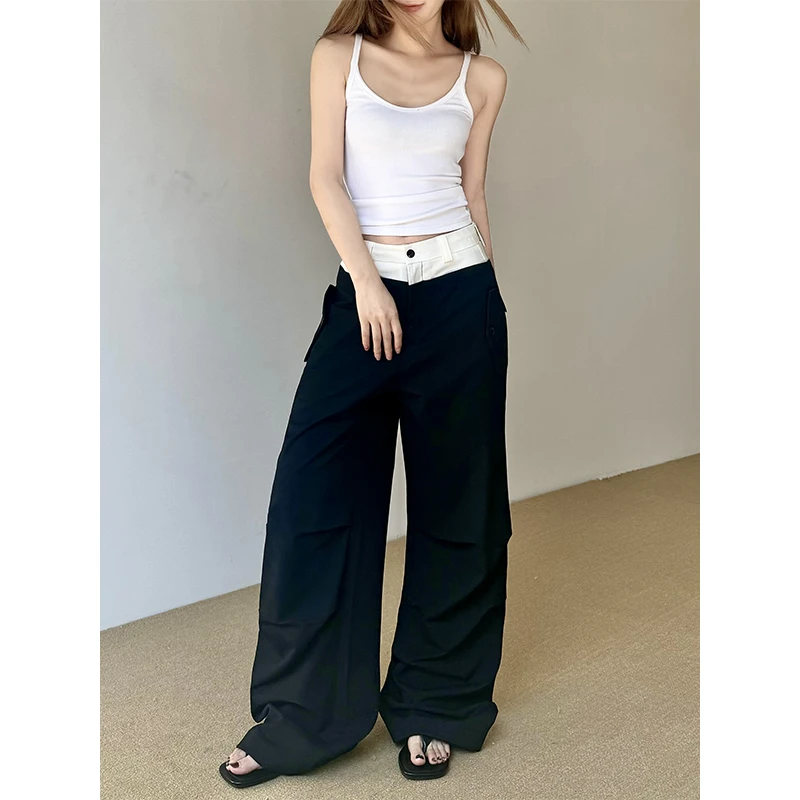 Don Cry 双腰头撞色休闲裤女2025新款美式复古直筒宽松阔腿长裤潮