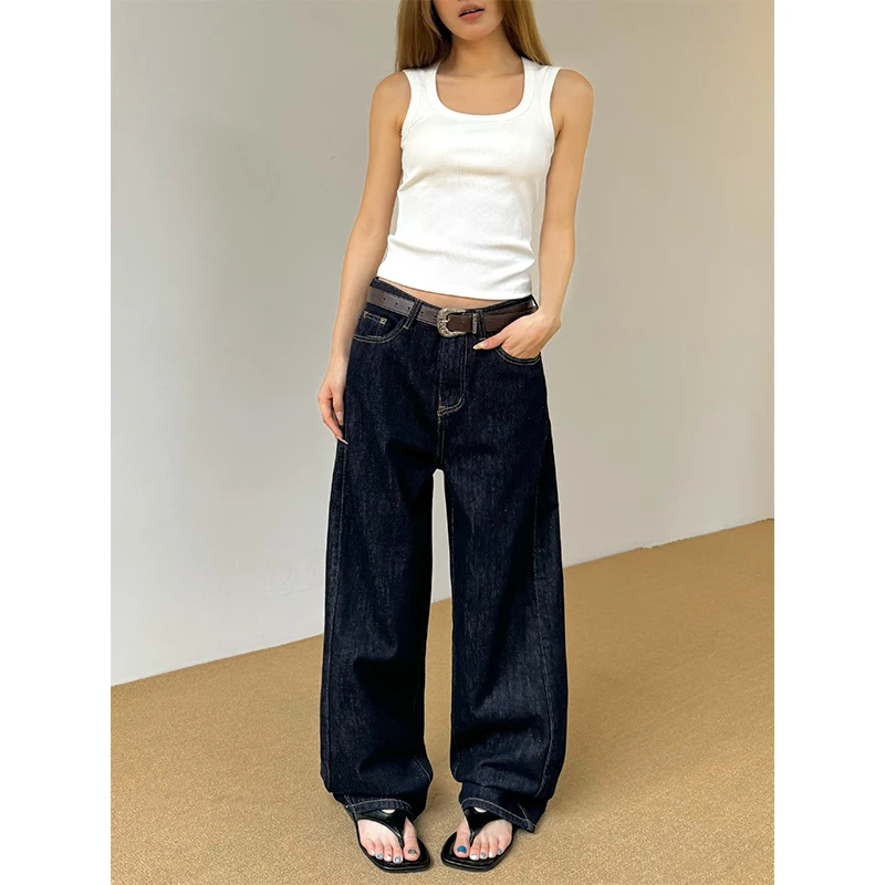Don Cry 深蓝色拼接阔腿宽松牛仔裤新款美式慵懒松弛感拖地直筒裤