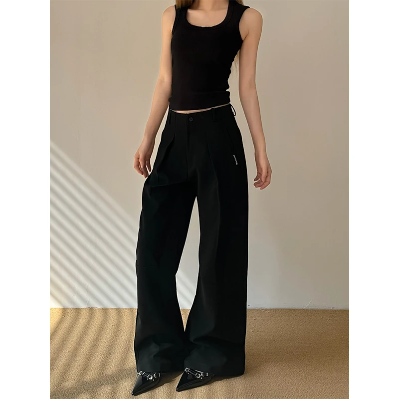 Don Cry 黑色微喇阔腿西装裤高级垂坠感男女新款美式直筒休闲裤子