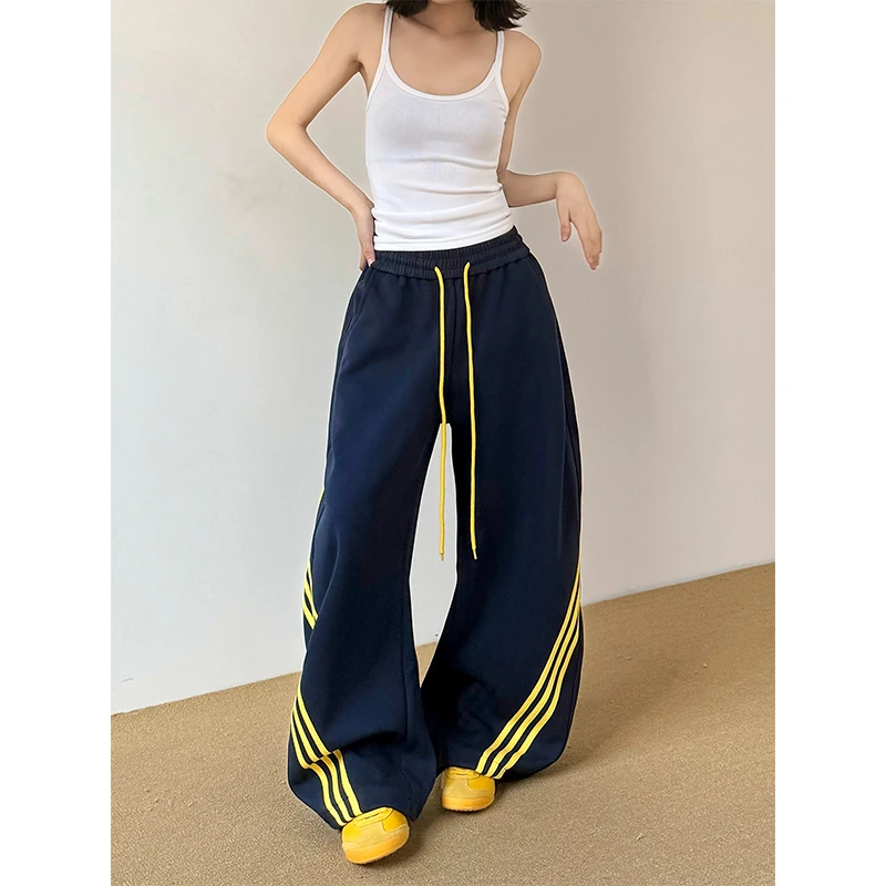 Don Cry 美式复古条纹弯刀休闲裤新款男女情侣三条杠抽绳运动卫裤