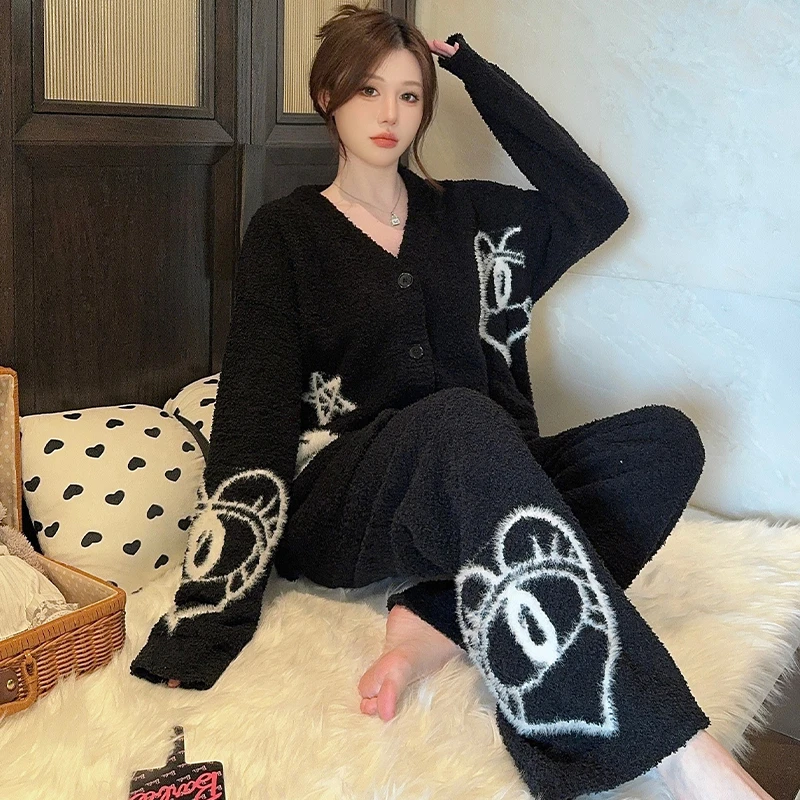直播爆款秋冬加厚半边绒家居服软绵绵保暖宽松小香风睡衣女套装