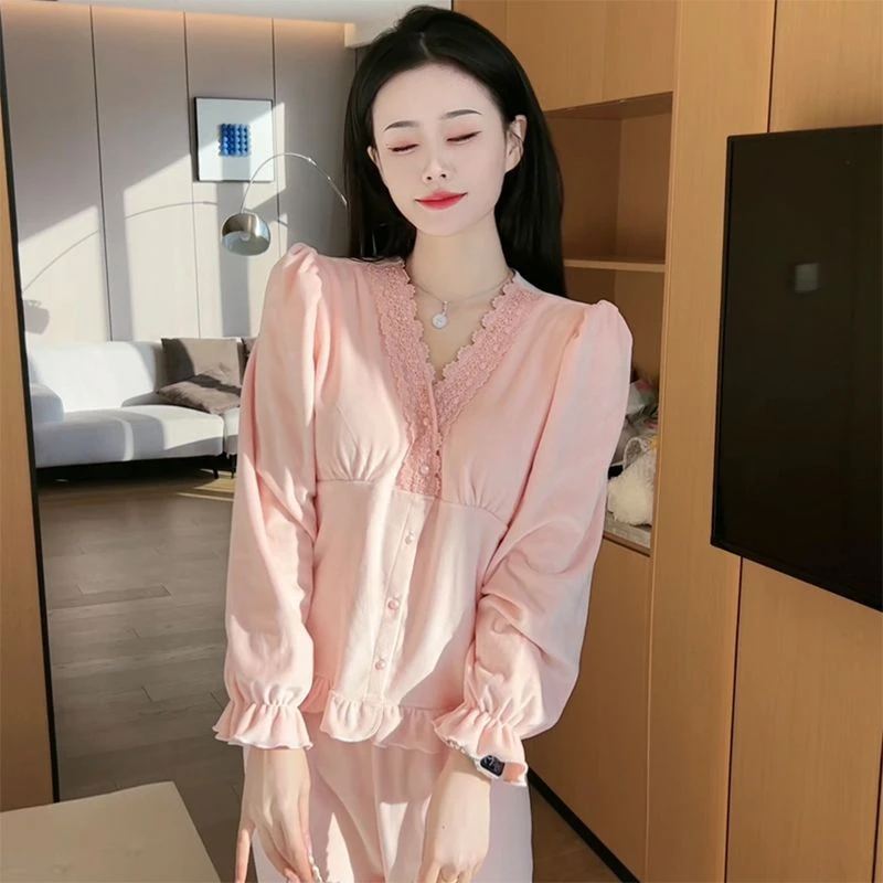 双面绒睡衣女秋冬季保暖亲肤海岛绒长袖蕾丝带胸垫外穿显瘦家居服