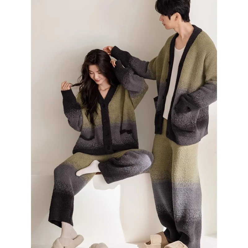 秋冬季半边绒情侣睡衣女时尚开衫加厚家居服保暖软绵绵男大码套装