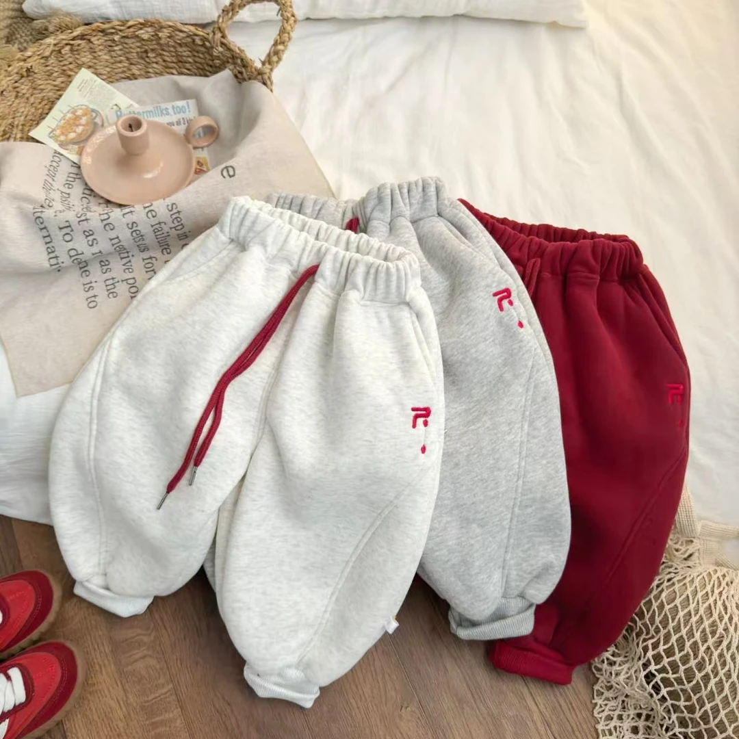 2024秋冬加绒加厚韩版纯色刺绣保暖百搭宽松束口洋气休闲裤