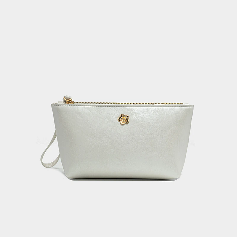 女士轻奢手拿包白色山茶花甜美简约多功能防消磁防盗