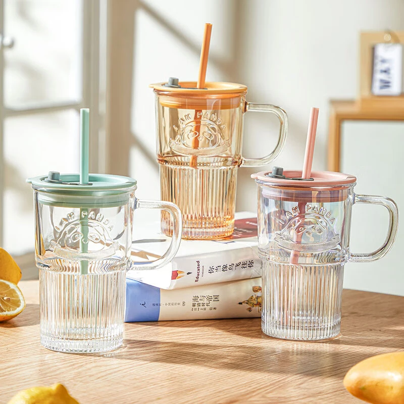 可爱熊猫浮雕带把玻璃水杯咖啡杯茶杯带吸管水杯果汁杯啤酒杯学生