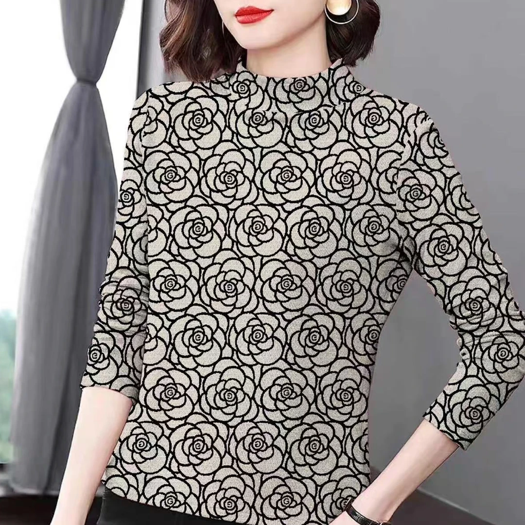 D631时尚百搭半高领德绒打底衫修身显瘦玫瑰上衣