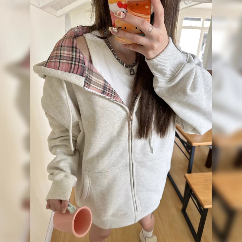 2023新款美式拼接撞色卫衣外套女大学生插接秋冬休闲宽松加绒开衫