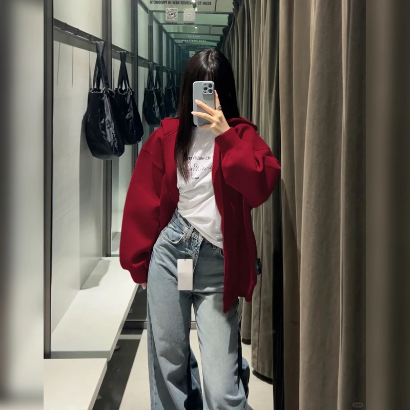 【年末福利】【加绒】安可拉红色卫衣女秋冬季加厚外套酒红韩式穿搭