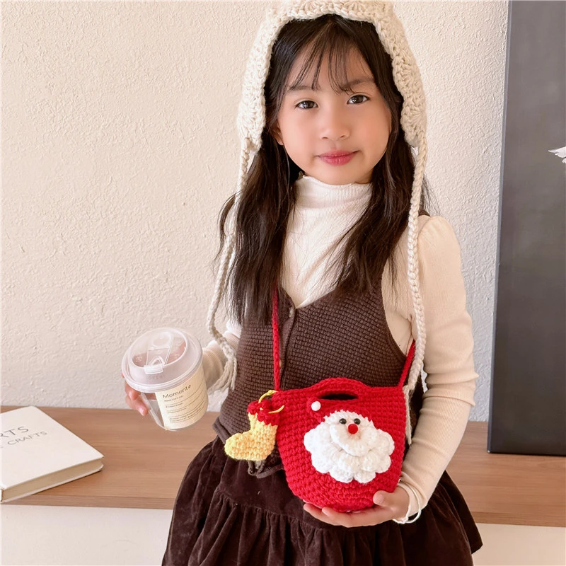 可爱卡通儿童包包2024新款网红女童宝宝针织毛线包女孩圣诞老人包