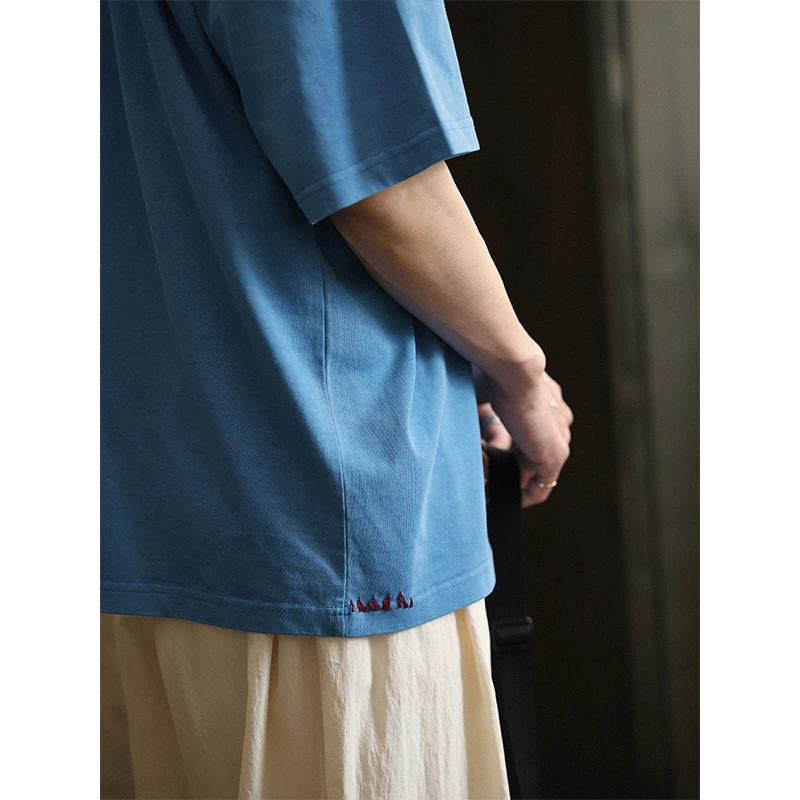 TRIFFER成衣染色短袖蓝色tee 手工红线缝制男女款