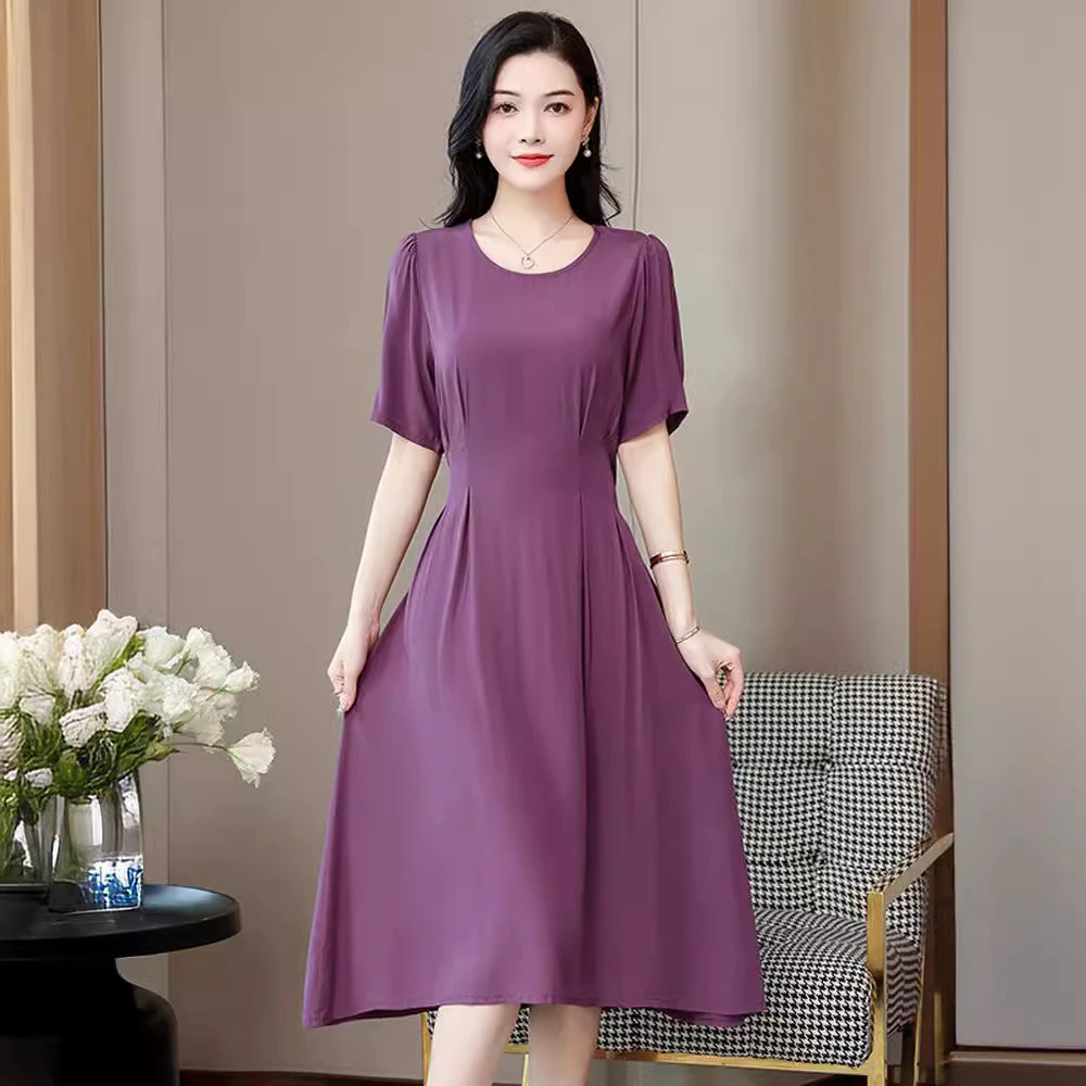 妈妈棉绸连衣裙夏季2024新款洋气收腰显瘦中年气质中长款裙子