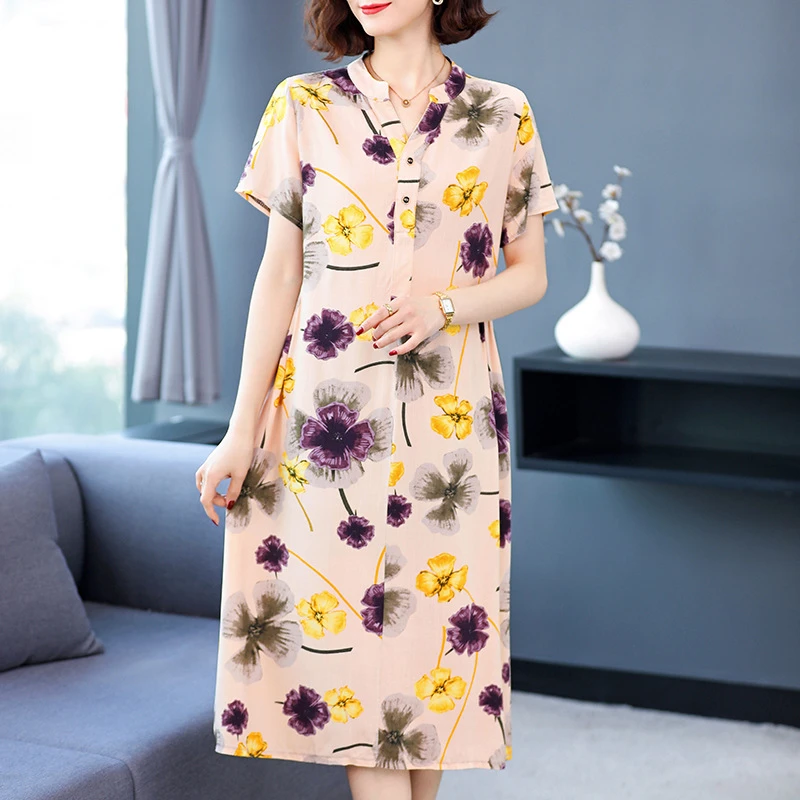 中老年棉绸连衣裙复古碎花短袖名媛气质宽松遮肚显瘦妈妈大码女装