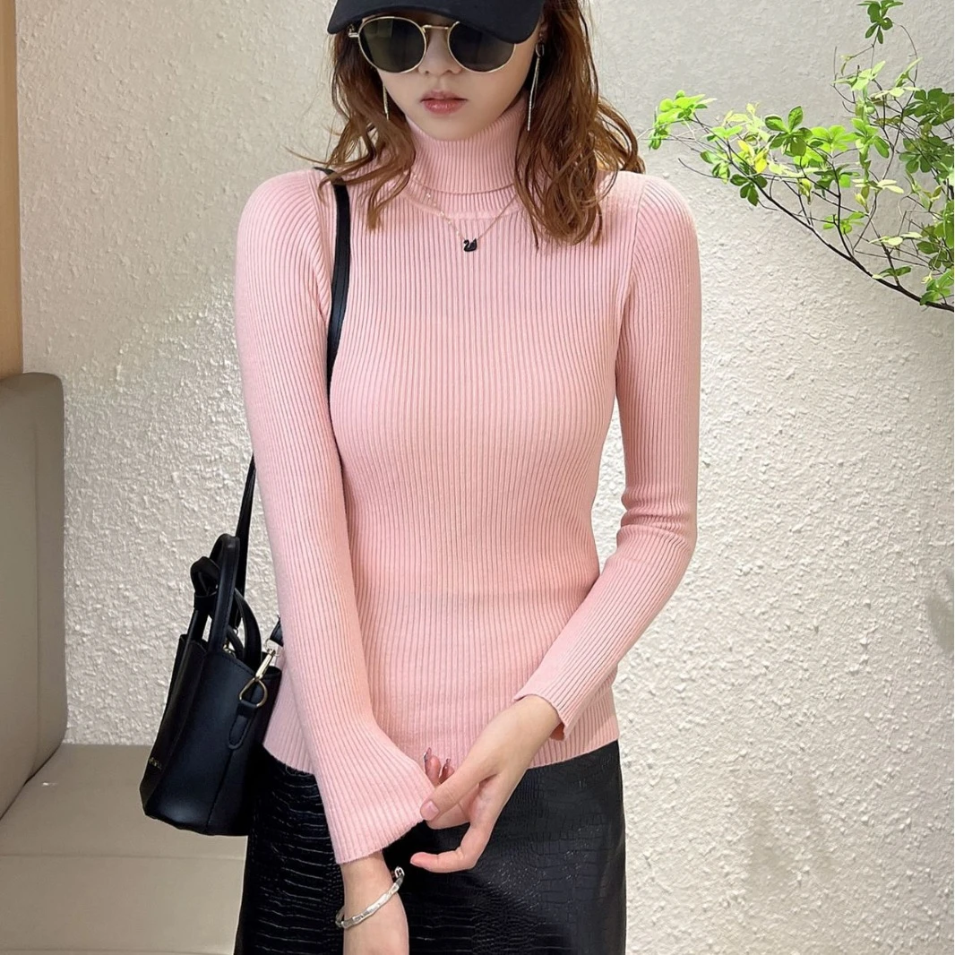 2024春季新款修身薄款毛衣显瘦针织衫半高领内搭纯色长袖上衣女