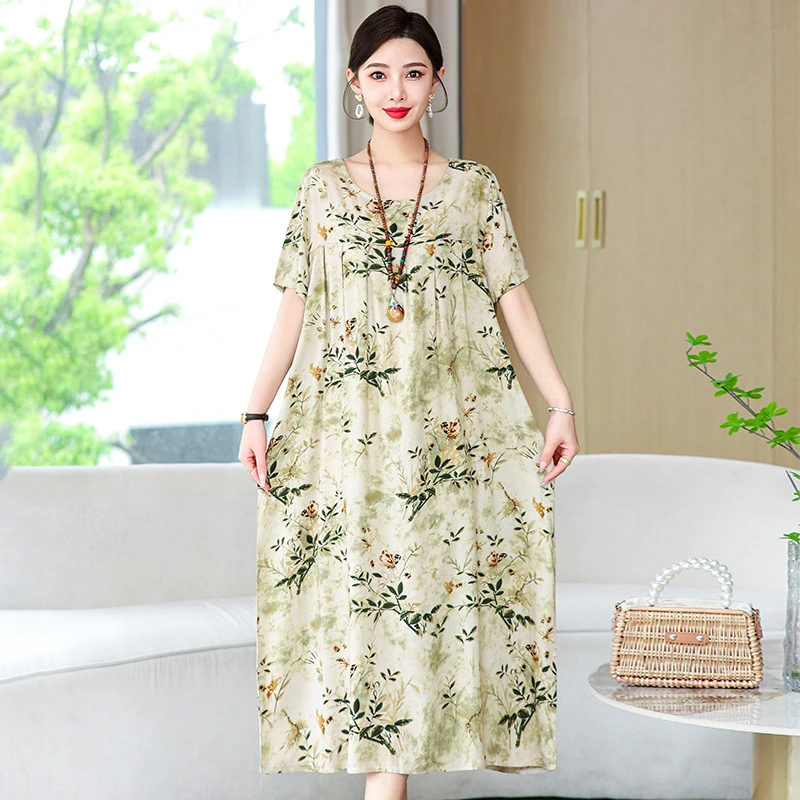 时尚短袖显瘦妈妈夏装棉绸碎花连衣裙洋气复古感人造棉长裙气质