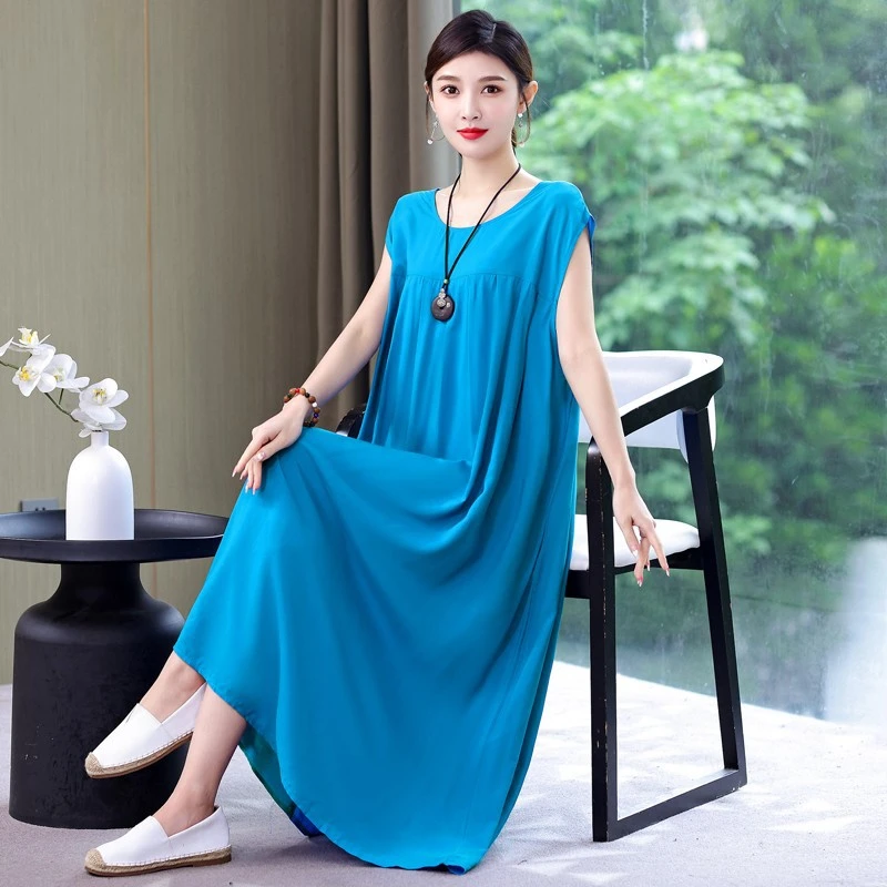 中老年棉绸连衣裙女夏季女加肥加大码女装2024新款妈妈大码长裙子