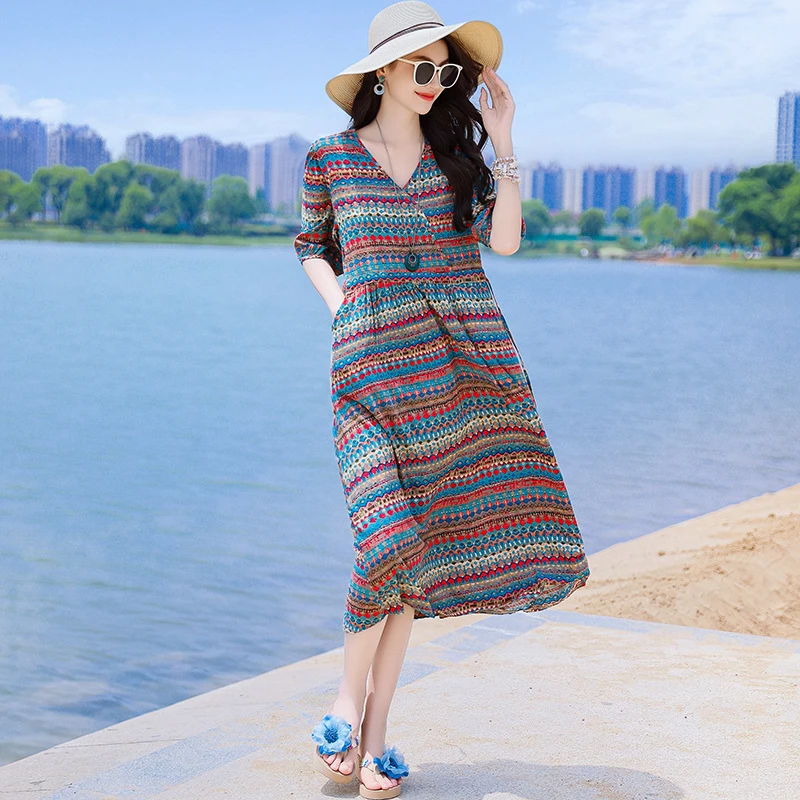 法式棉绸连衣裙女夏季高端精致妈妈气质优雅复古印花显瘦沙滩裙子