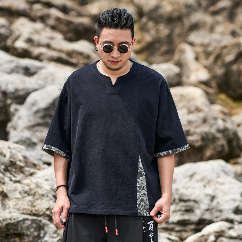 半墨大码亚麻短袖T恤男宽松新中式男装民族风棉麻t半袖胖子薄1905