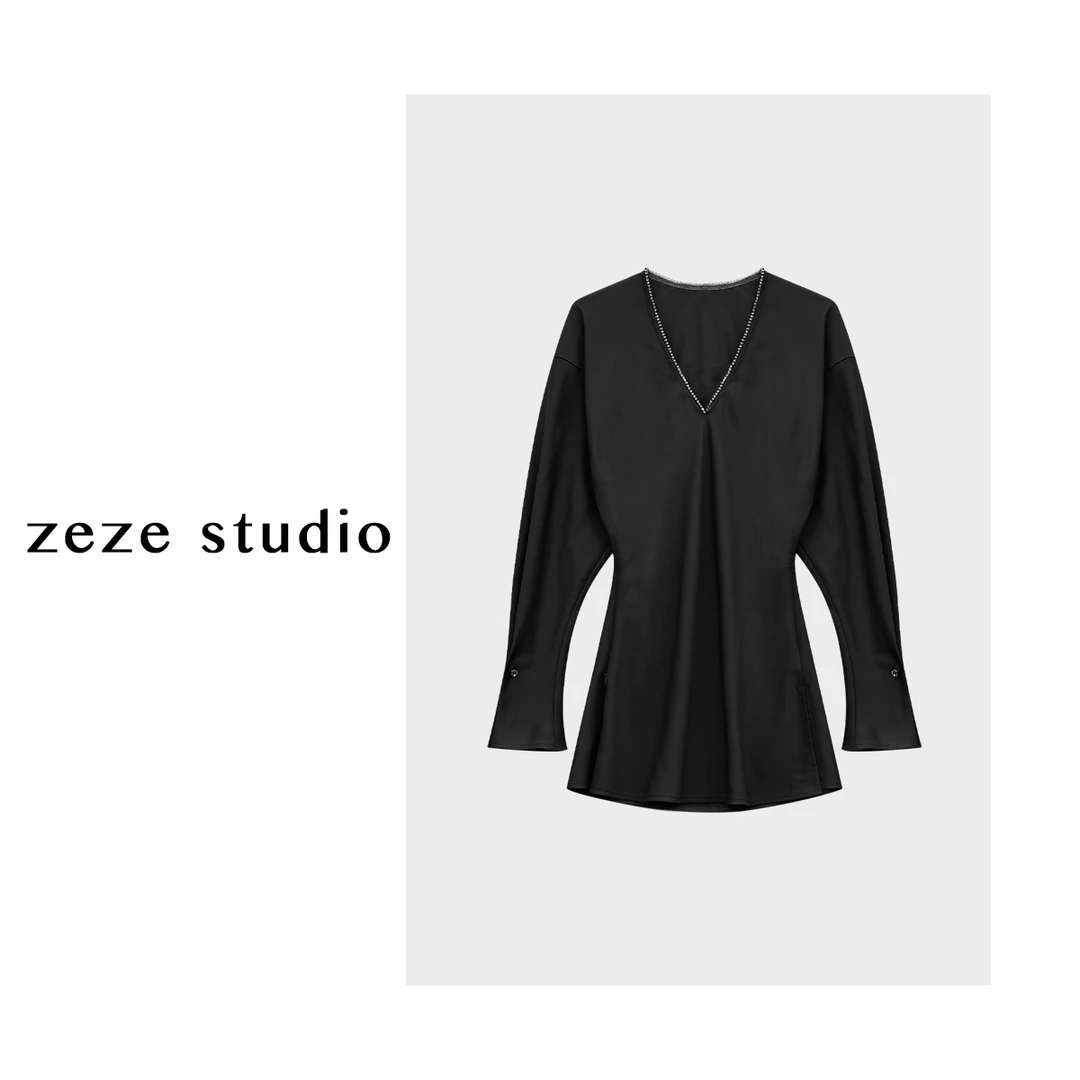 zezestudio【南法】设计感纯色简约时尚风小众收腰显瘦V领T恤春季~