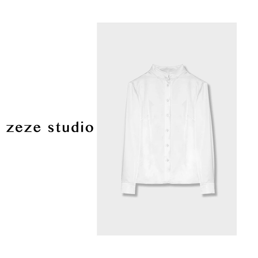 zezestudio【晨曦】新中式盘扣立领长袖百搭休闲时尚白色衬衫春季~