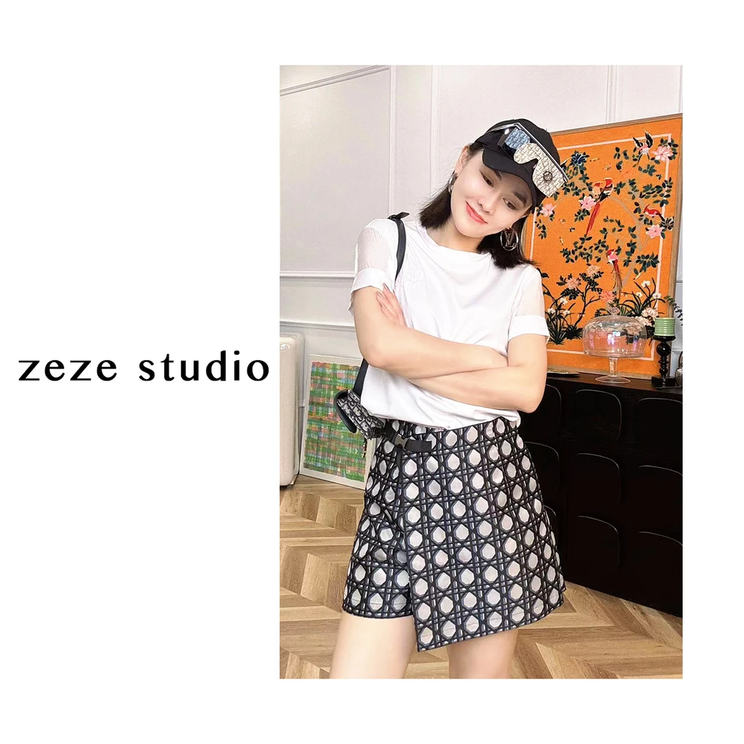 zezestudio【初颜】设计师气质时尚藤格印花A字满印女装半身裙夏季~