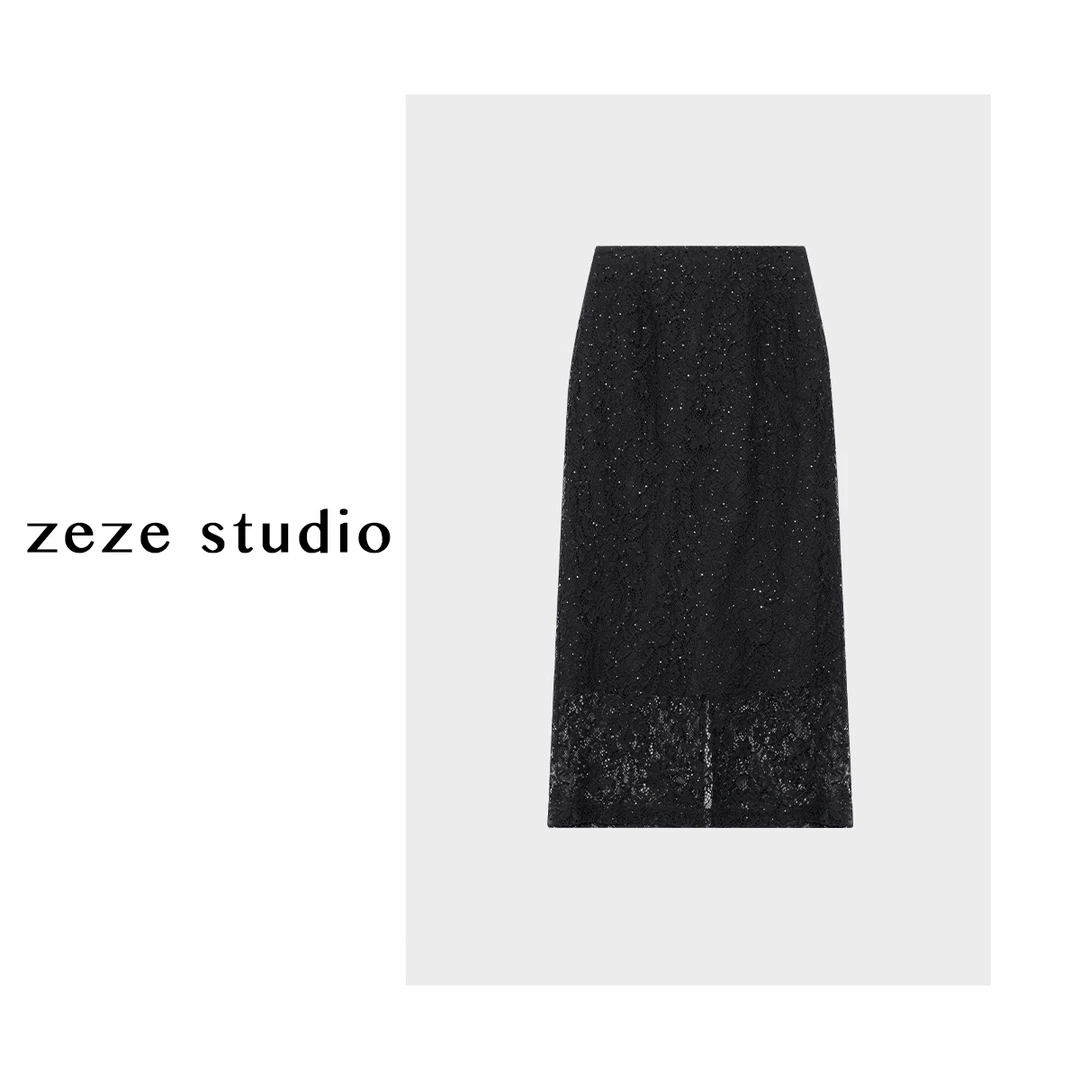 zezestudio【蕾丝绮梦】法式蕾丝亮片百搭气质打底新款直筒裙春夏~