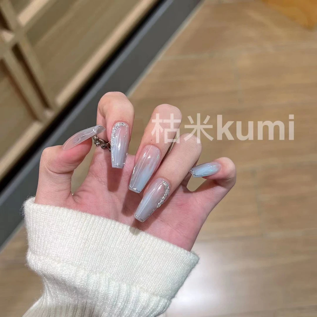 【水心记】纯手工穿戴甲渐变冰透夏季简约贴钻气质指甲贴美甲贴片