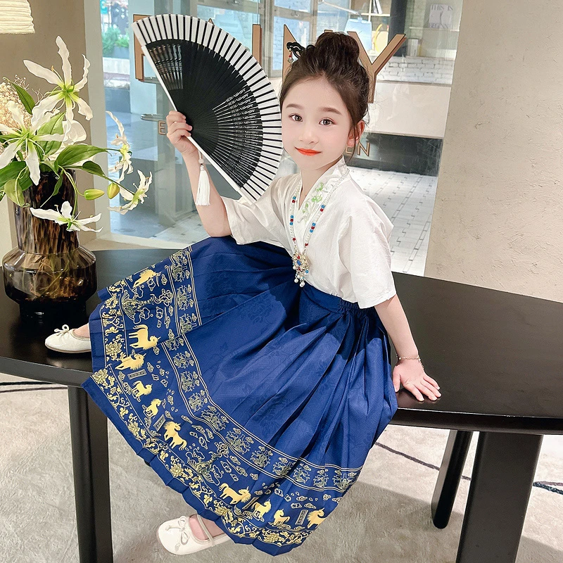 女童套装马面裙2024新款夏季中式儿童汉服国风小女孩大童古风唐装