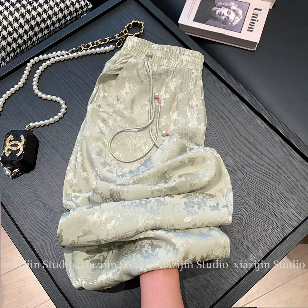 新中式阔腿裤女春夏薄荷曼波国风提花设计感缎面垂感休闲凉凉裤子