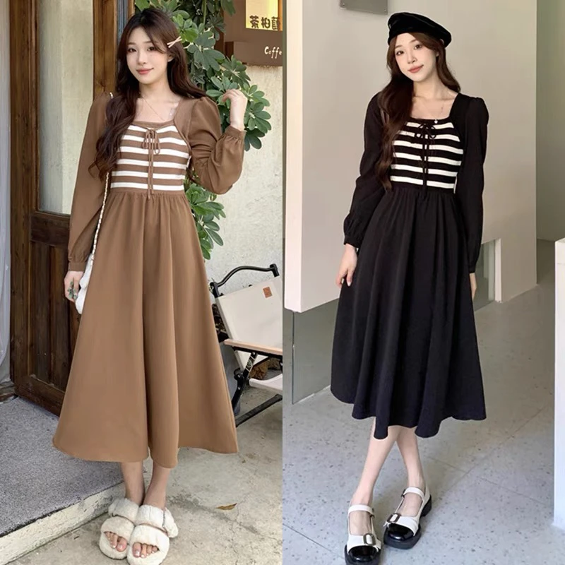 新款假两件针织显瘦条纹方领收腰连衣裙