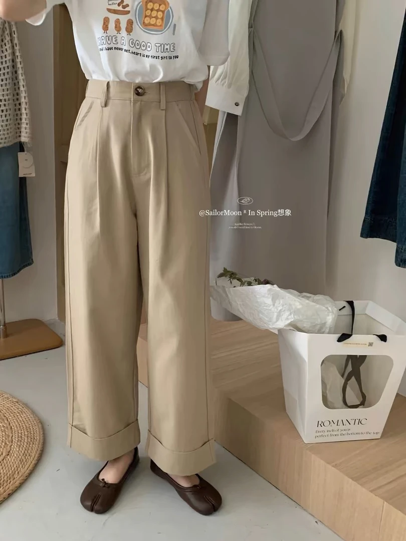 韩系百搭纯色直筒休闲裤高腰显瘦宽松阔腿裤潮