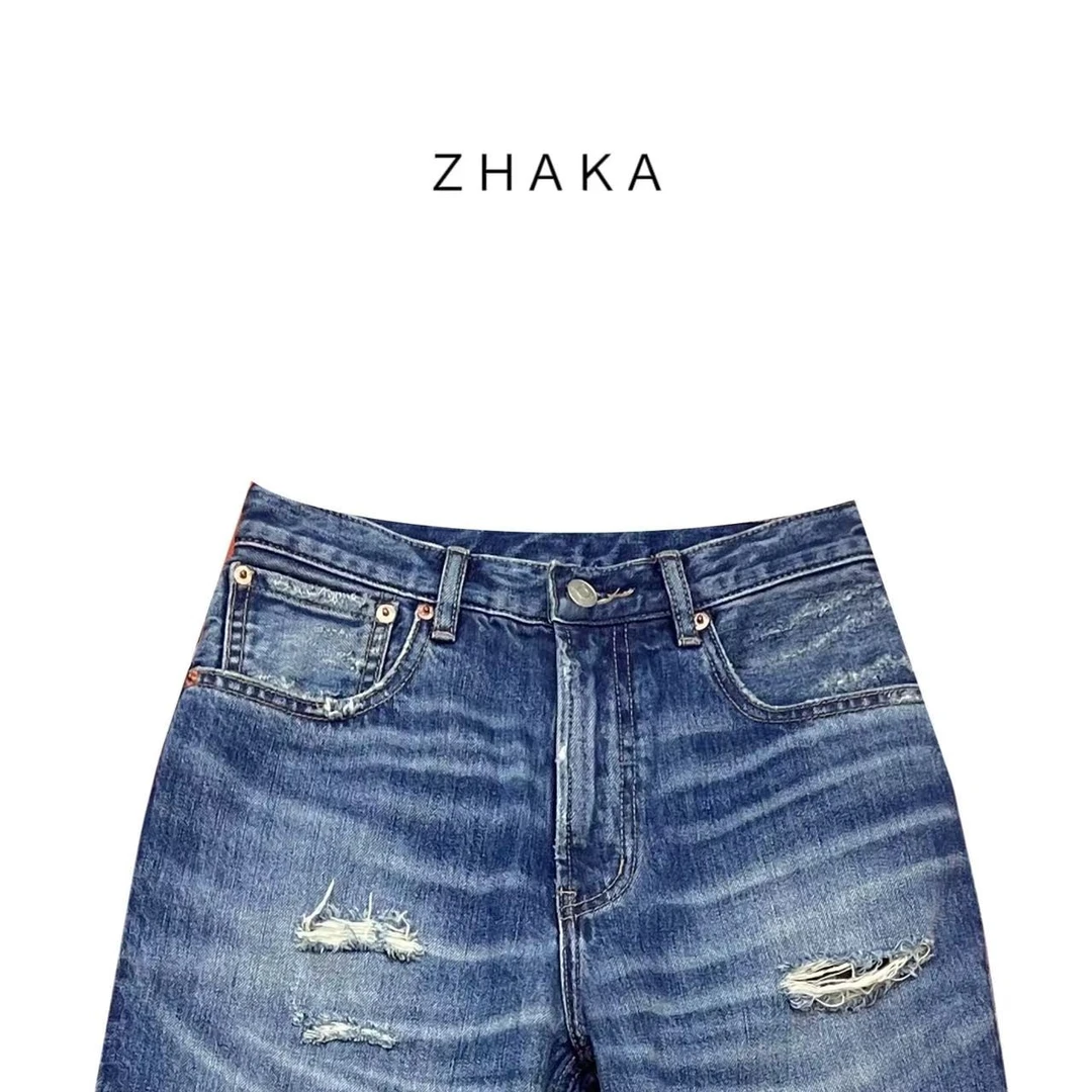 ZHAKA/烟筒镭射破洞拉链版牛仔裤休闲百搭水洗