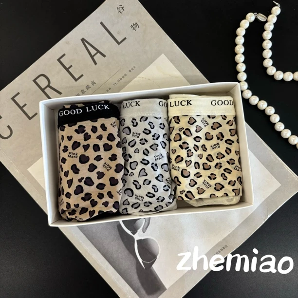 (狂野豹纹)3条装法式拼接蕾丝中腰小字母豹纹冰凉女土内裤10743