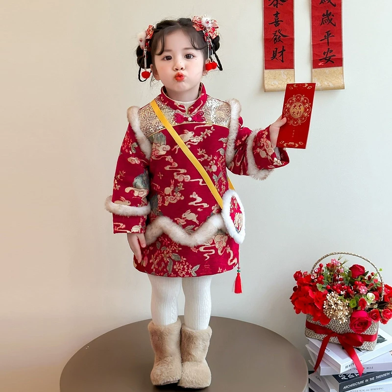 拜年服女童汉服冬款儿童旗袍国风棉服喜庆过年衣服中式宝宝演出服