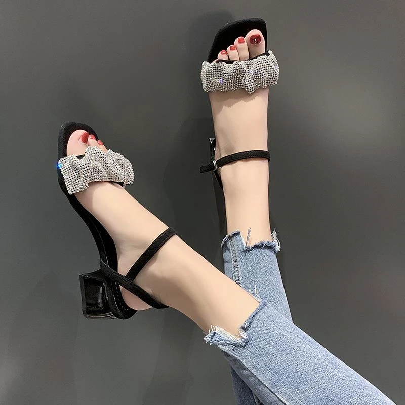 年夏新款水钻凉鞋女方头一字带粗跟露趾中跟仙女罗马鞋ins潮网红