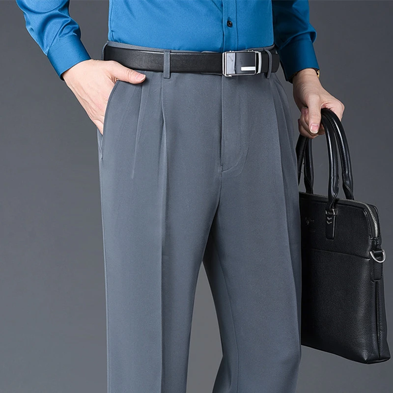 双褶西裤免烫宽松高腰裤垂料中老年男装爸爸裤子男士春秋款西装裤