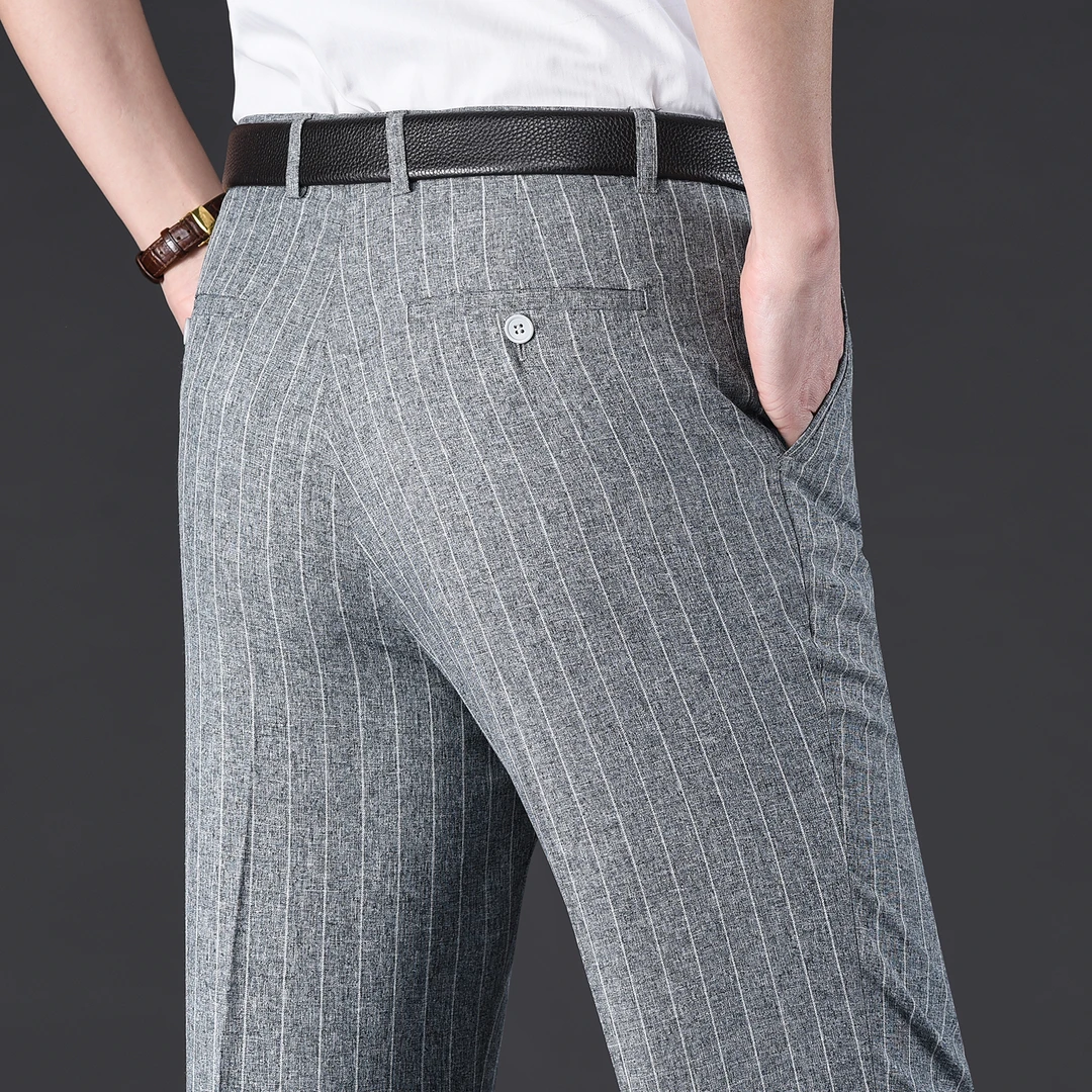 春夏季新款男裤高档品质条纹西裤免烫男士高腰直筒商务休闲西装裤