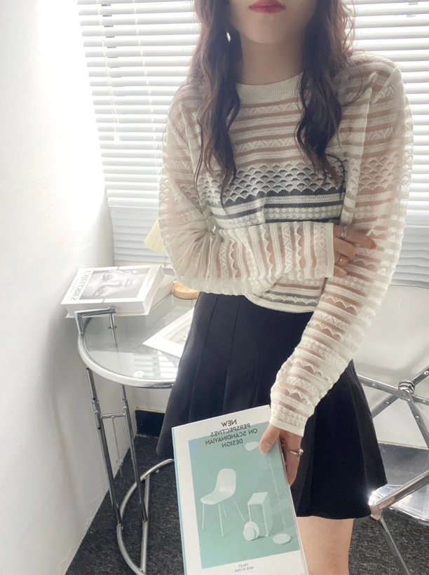 春秋薄款欧根纱拼接针织上衣