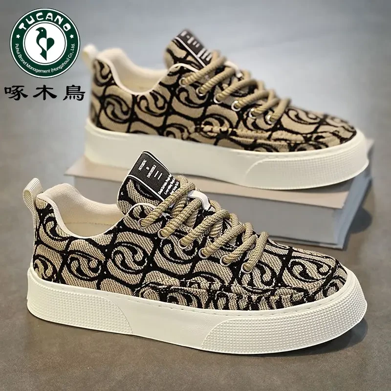 【正品】啄木乌帆布鞋男夏季2024新款低帮印花板鞋男运动休闲潮鞋