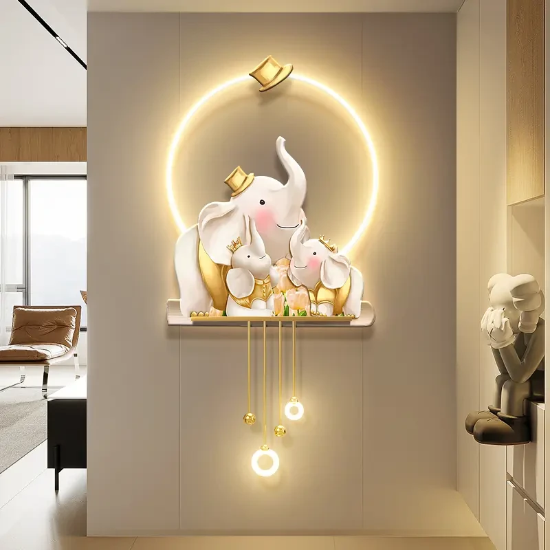 一家三口玄关装饰画奶油风大小象进门带灯壁画感走廊过道挂画