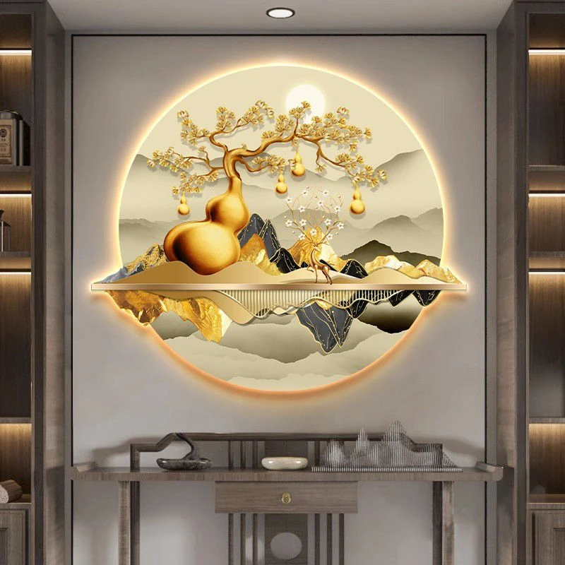 五福临门葫芦入户玄关装饰画走廊过道挂画新中式客厅山水画壁灯画