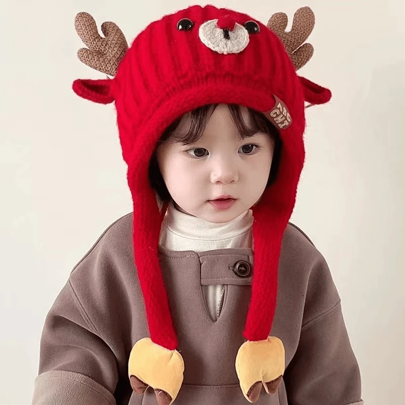 宝宝帽子冬季麋鹿造型护耳帽男孩女童针织帽秋冬天加厚保暖毛线帽